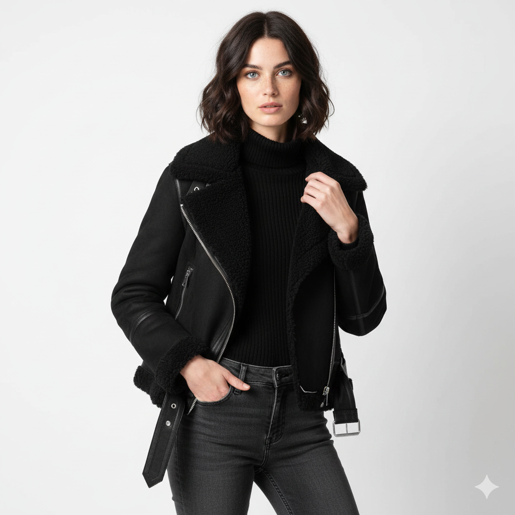 Blouson Femme Cuir Doublé Fourrure Élégant Rock