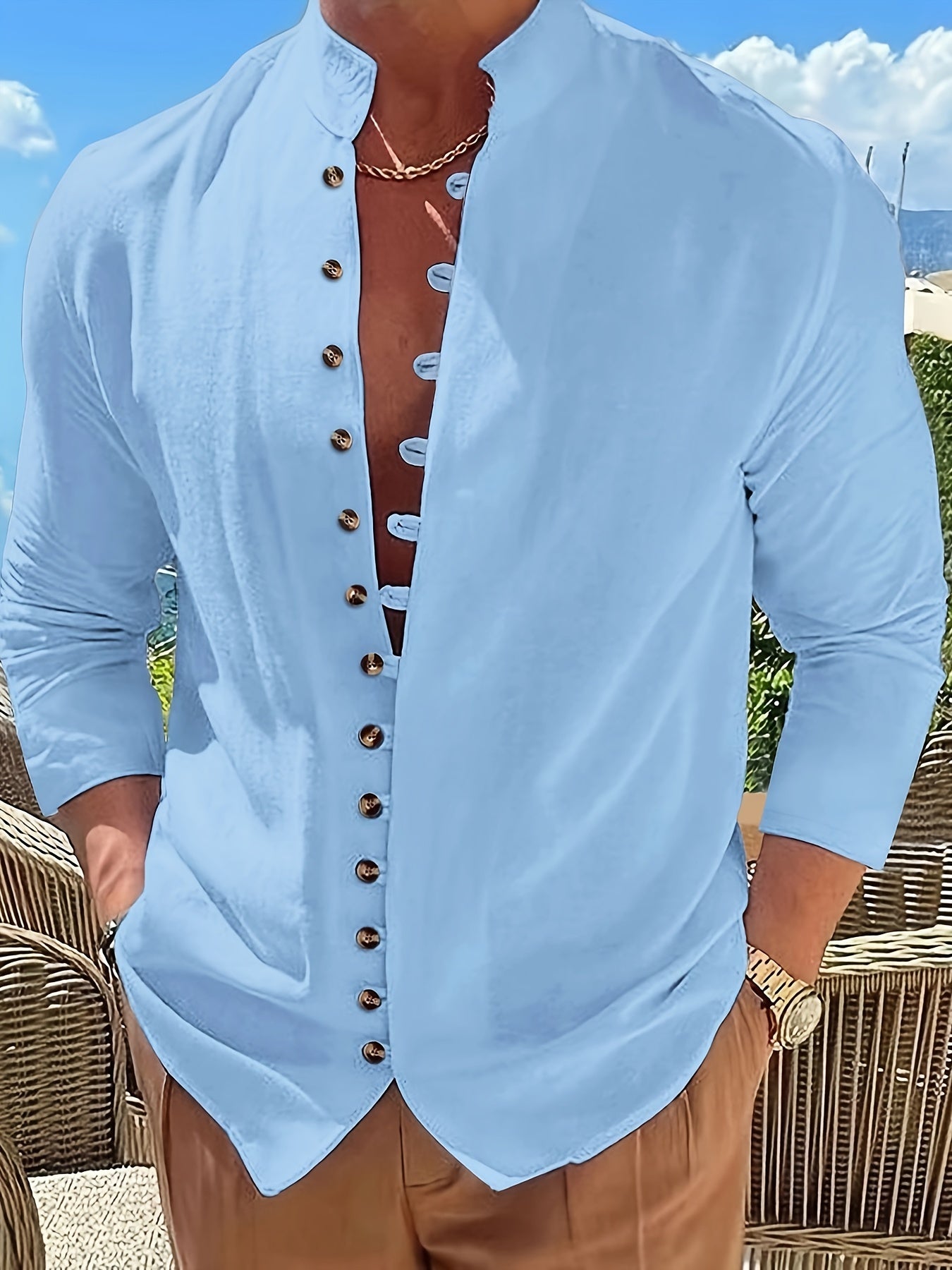Chemise Homme Décontractée Col Mao Casual