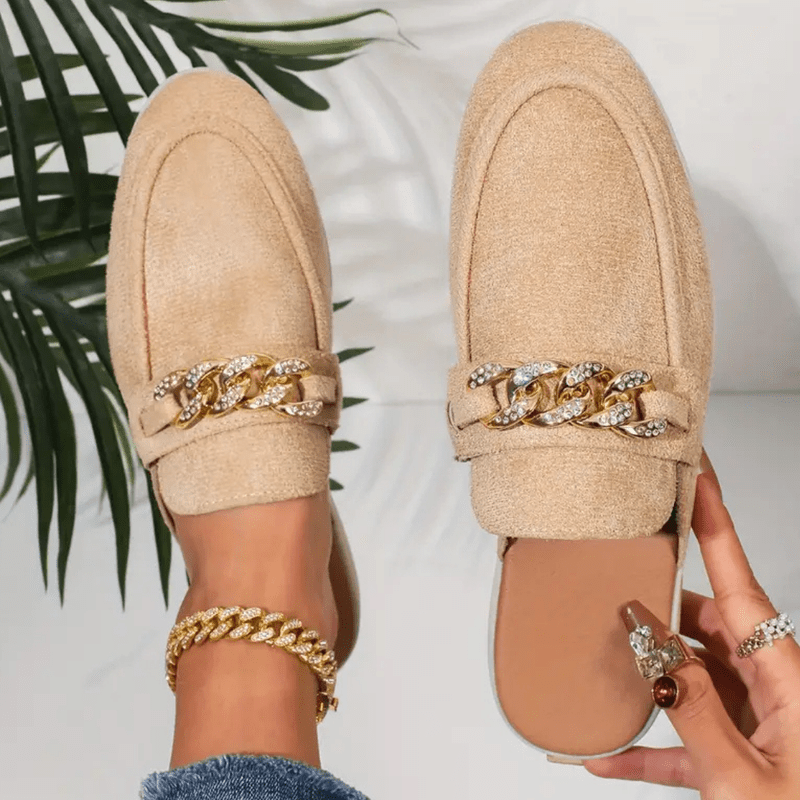Mocassins Femmes Confortables - Mules Été Légères en Tige Perforée & Décor Chaîne Doré