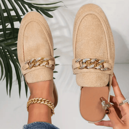Mocassins Femmes Confortables - Mules Été Légères en Tige Perforée & Décor Chaîne Doré