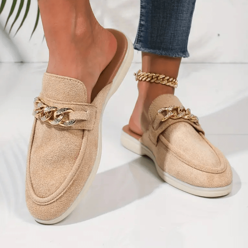 Mocassins Femmes Confortables - Mules Été Légères en Tige Perforée & Décor Chaîne Doré - PanierRoyale