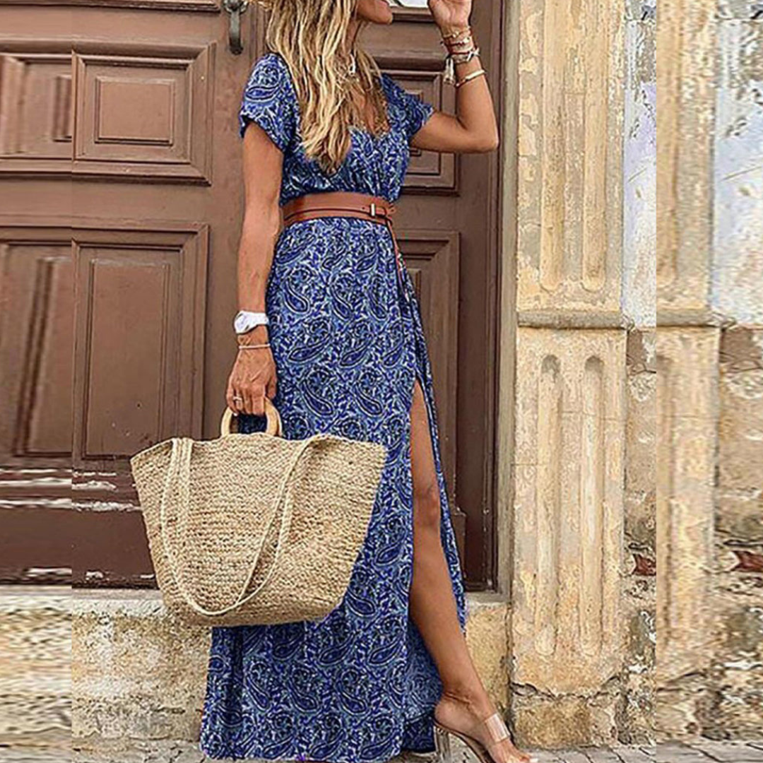 Robe Femme Longue Bohème à Manches Courtes avec Ceinture Élégante