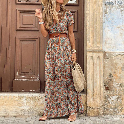 Robe Femme Longue Bohème à Manches Courtes avec Ceinture Élégante - PanierRoyale
