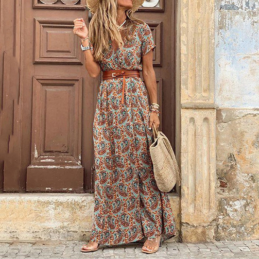 Robe Femme Longue Bohème à Manches Courtes avec Ceinture Élégante - PanierRoyale