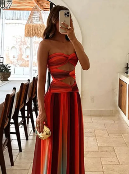 Robe Été Longue Rouge Orange Décolleté