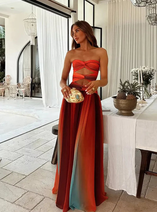 Robe Été Longue Rouge Orange Décolleté - BerlinGlamour