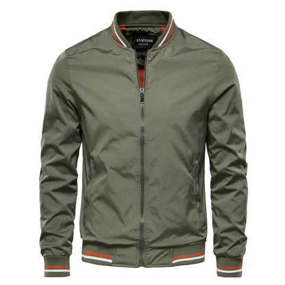 Veste en cuir brun pour homme, col montant et fermeture éclair