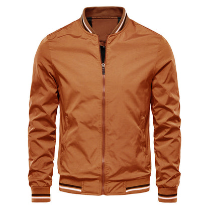 Veste en cuir brun pour homme, col montant et fermeture éclair