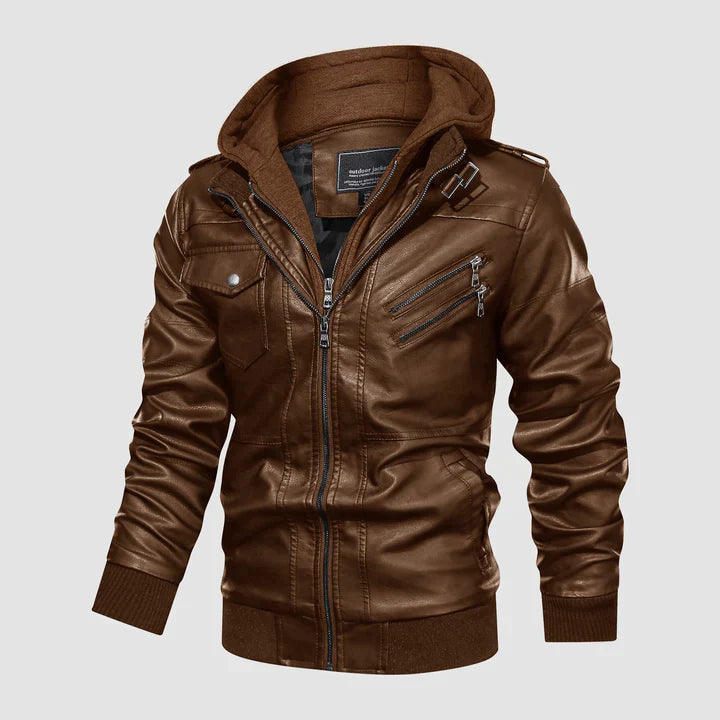 Veste en cuir végétal noir avec capuche ajustable - PanierRoyale