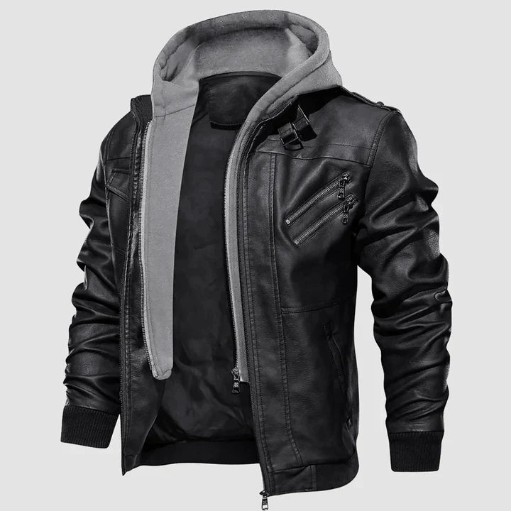 Veste en cuir végétal noir avec capuche ajustable