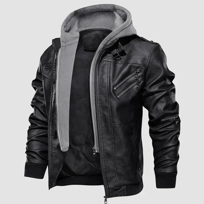 Veste en cuir végétal noir avec capuche ajustable