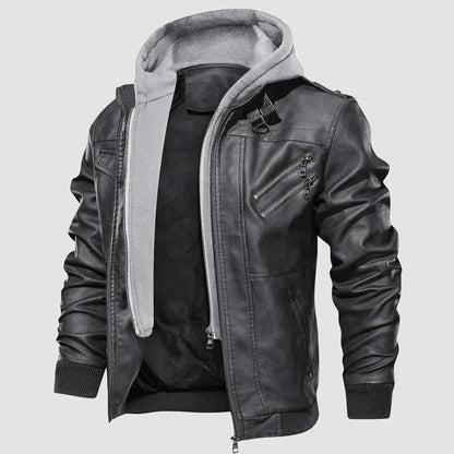 Veste en cuir végétal noir avec capuche ajustable