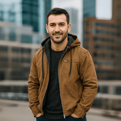 Parka Hiver Cuir Homme avec Capuchon et Fermeture Éclair