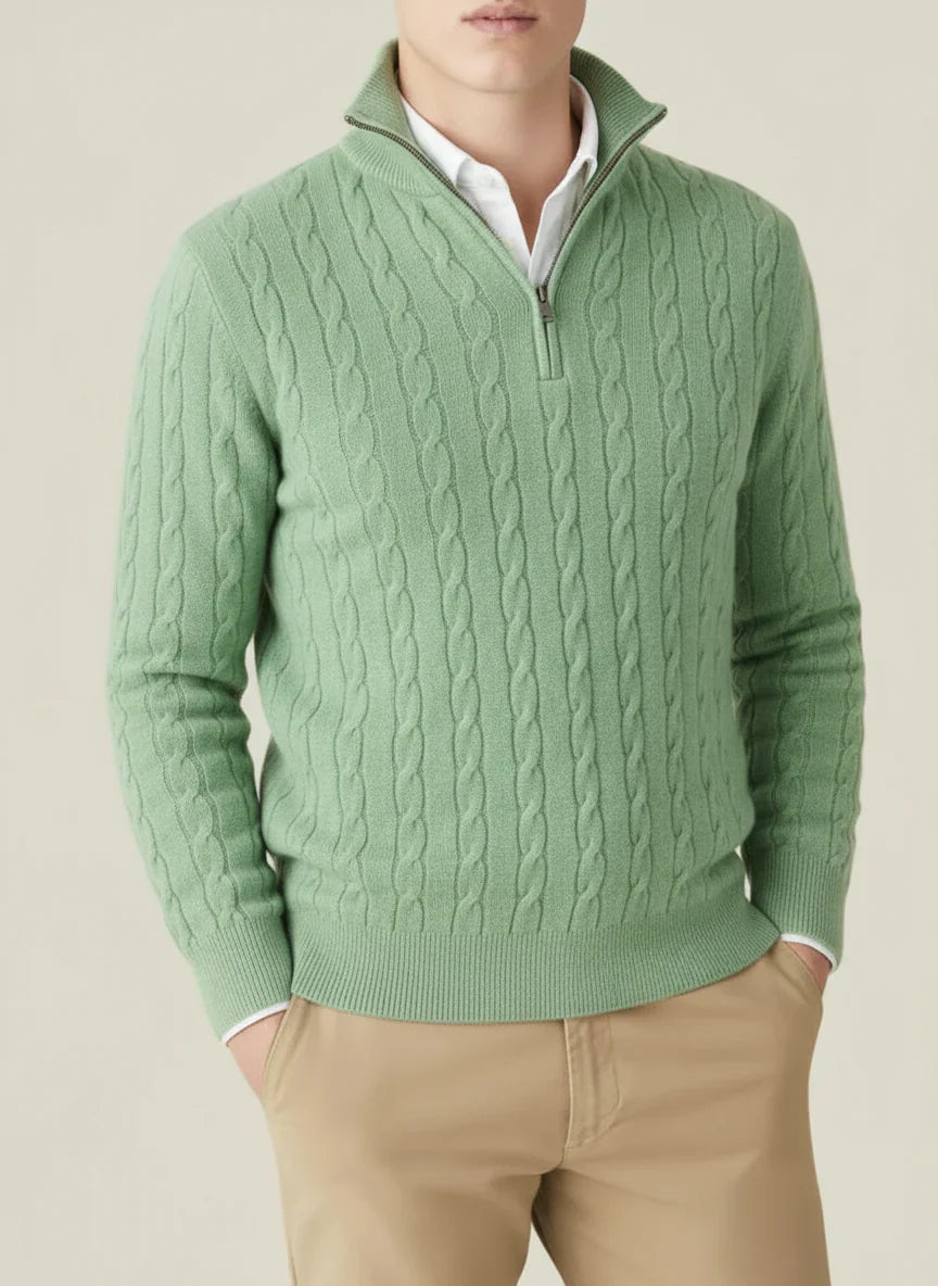 Pull Homme Tricot Câble Mi-Zip – Col Montant, Ourlets Rib