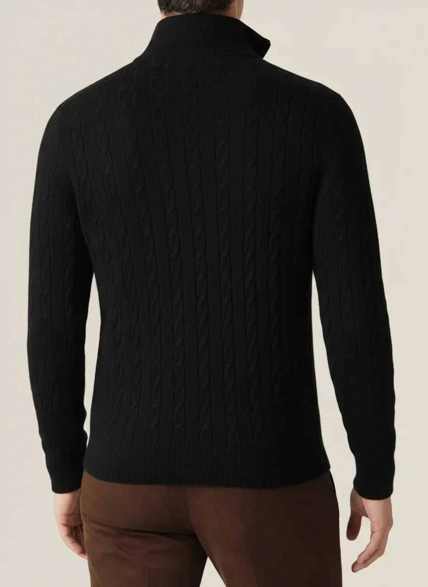 Pull Homme Tricot Câble Mi-Zip – Col Montant, Ourlets Rib