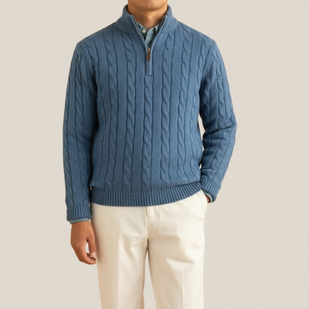 Pull Homme Tricot Câble Mi-Zip – Col Montant, Ourlets Rib