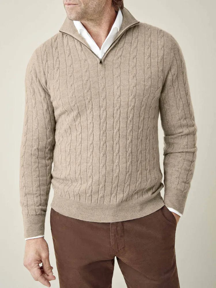 Pull Homme Tricot Câble Mi-Zip – Col Montant, Ourlets Rib