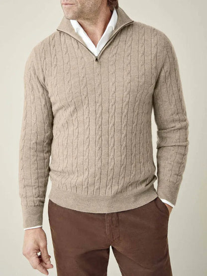 Pull Homme Tricot Câble Mi-Zip – Col Montant, Ourlets Rib