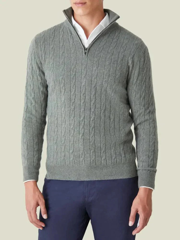 Pull Homme Tricot Câble Mi-Zip – Col Montant, Ourlets Rib