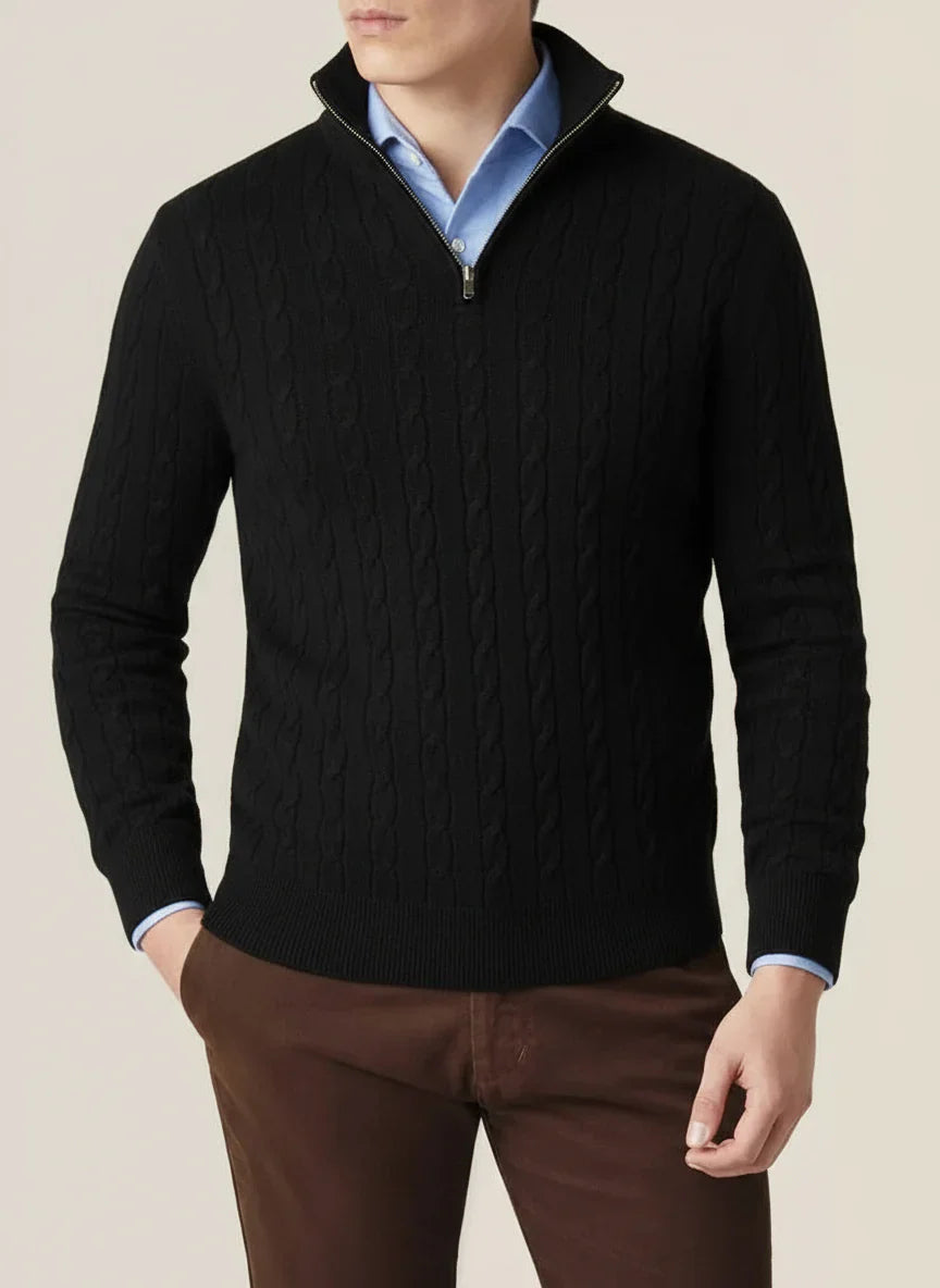 Pull Homme Tricot Câble Mi-Zip – Col Montant, Ourlets Rib - BerlinGlamour