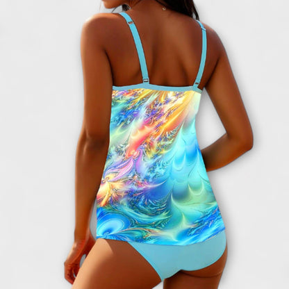 Tankini Deux Pièces Femme Tissu Imprimé Bretelles Doubles