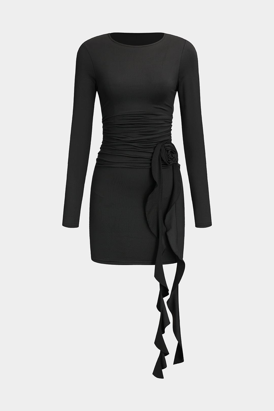 Robe Noire Courte Élégante avec Manches Longues et Fleur - BerlinGlamour