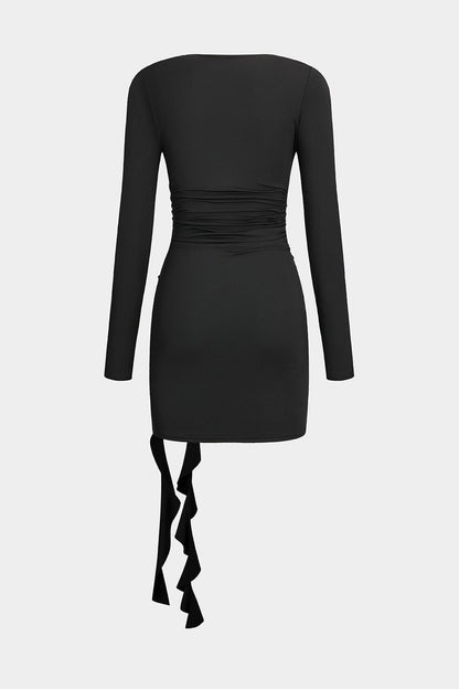 Robe Noire Courte Élégante avec Manches Longues et Fleur
