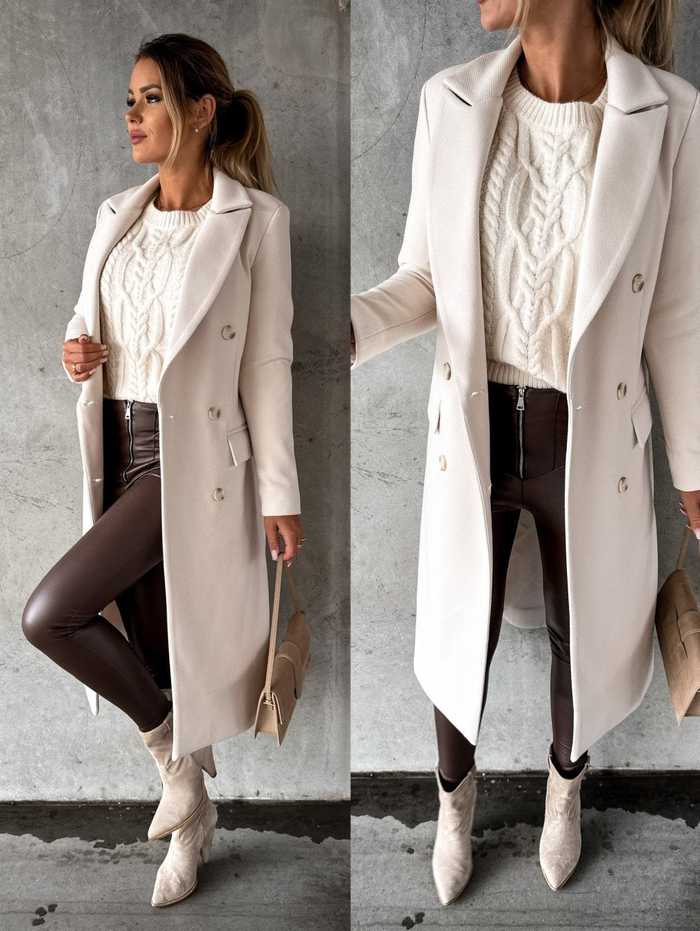 Manteau femme hiver blanc ivoire avec boutons métalliques - PanierRoyale