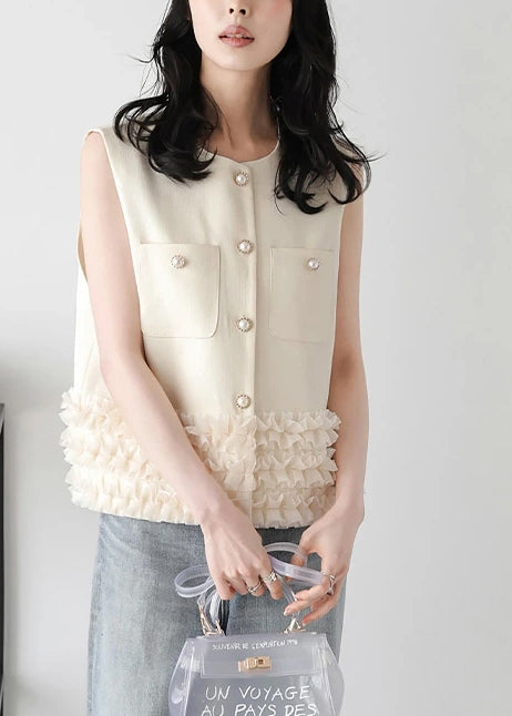 Chic Beige Cotton Vest with Ruffles - EasyApparels