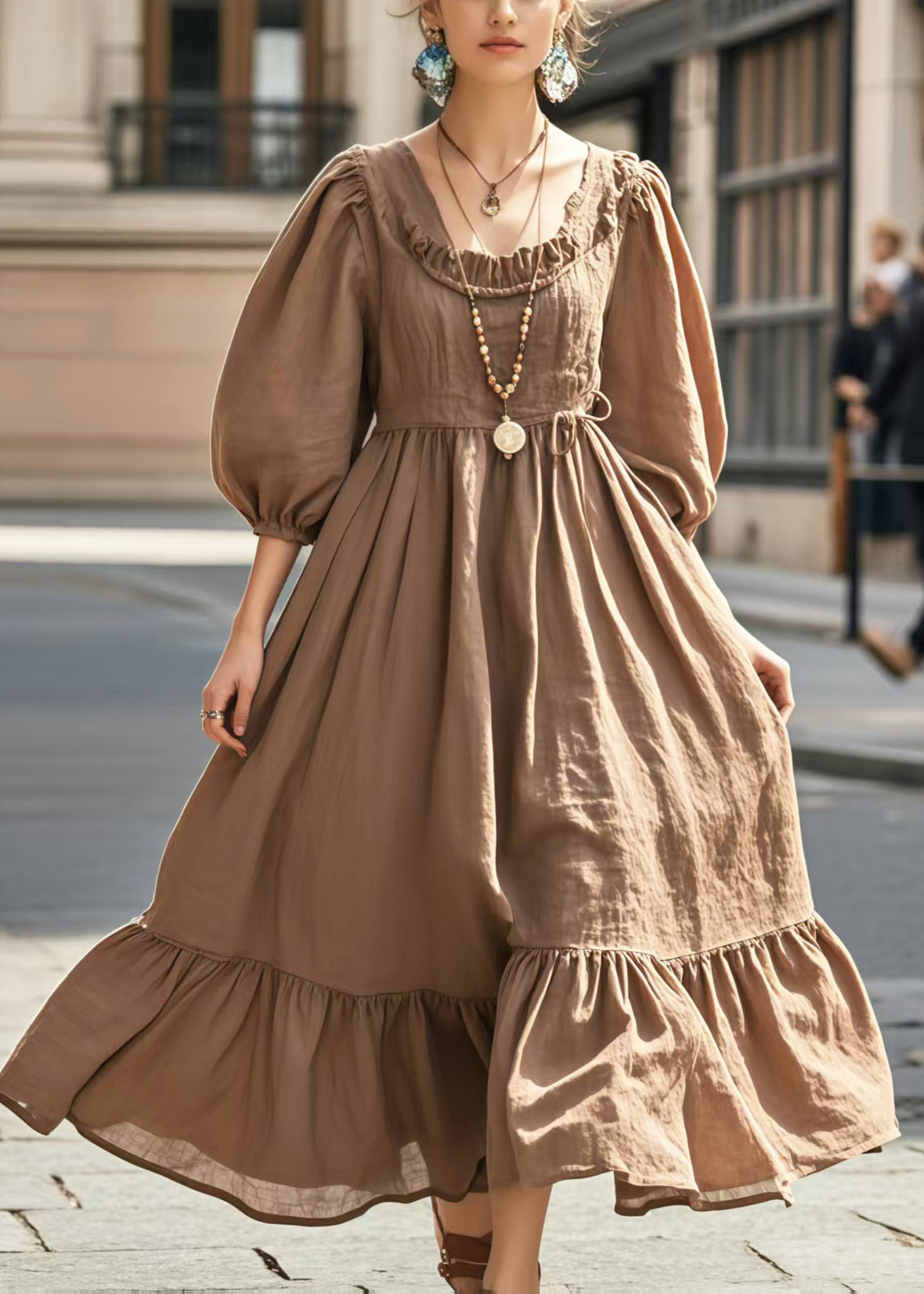 Robe de coton brun doux avec ourlet ample et manches courtes - EasyApparels