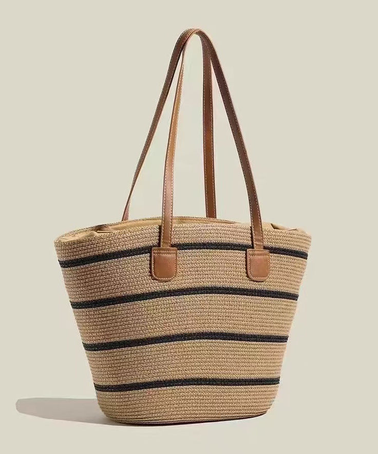 Grand sac à main en paille tressée kaki rayé - EasyApparels