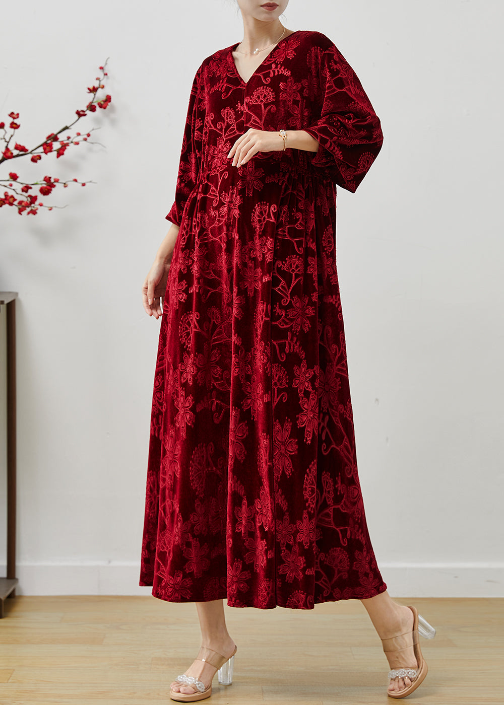 Robe d'automne en soie rouge élégante pour femme - EasyApparels