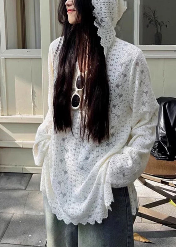 Femmes Décontractées Dentelle Fleur Hoodies Blanc Printemps - EasyApparels