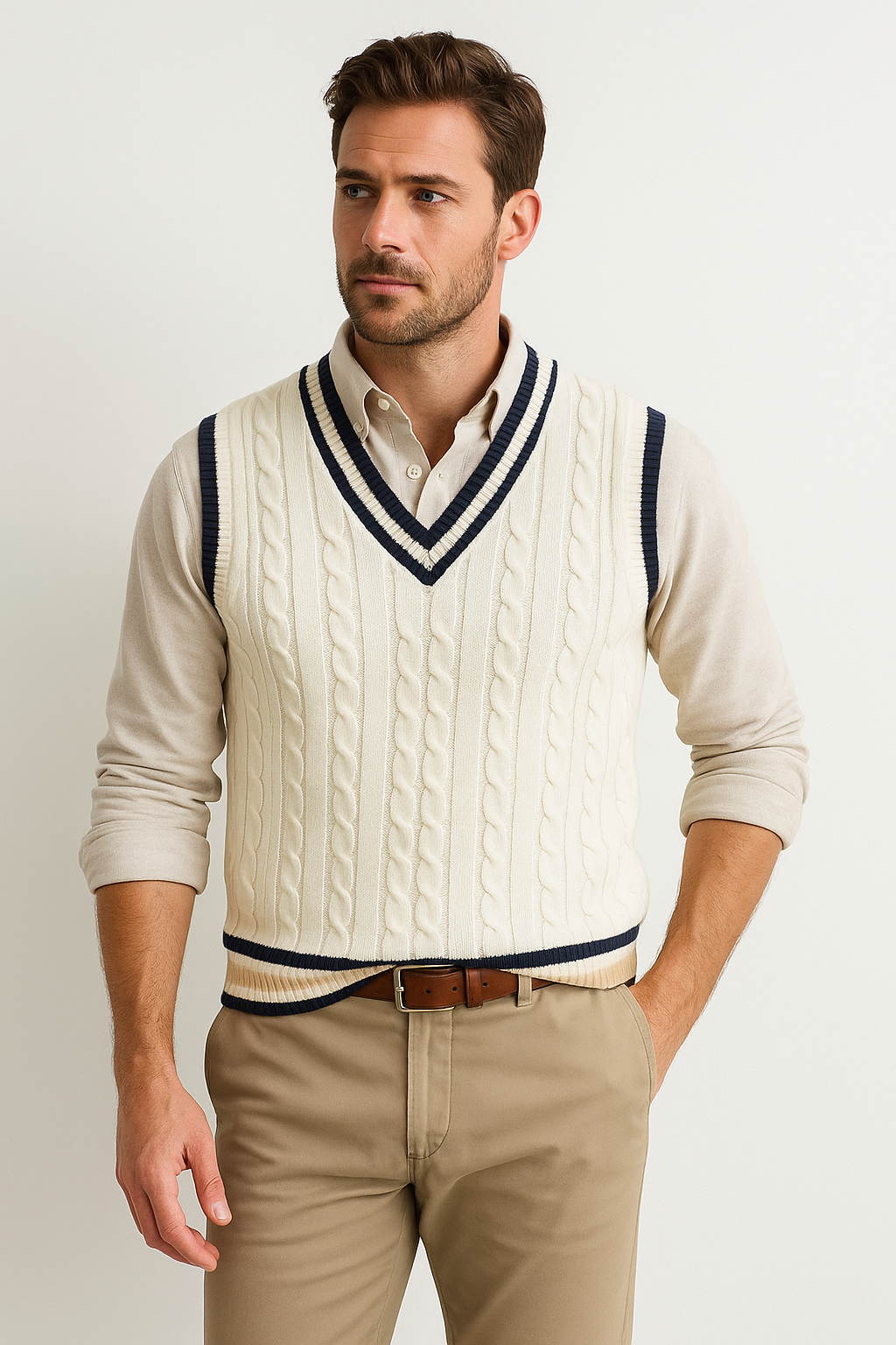 Gilet Homme Maille Câblée Col V Style Preppy - PanierRoyale