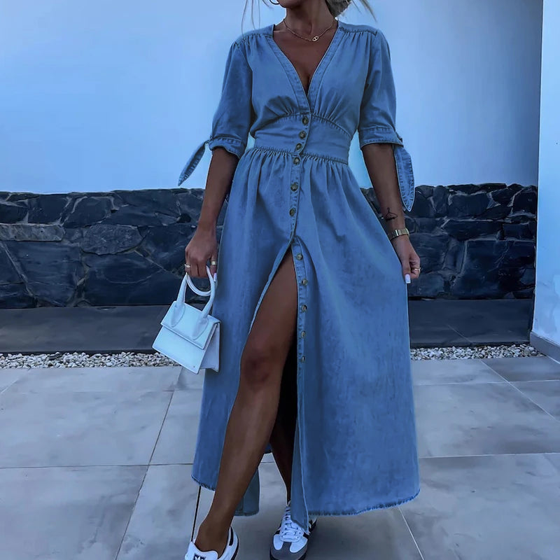 Robe Jeans Longue Boutonnée Confortable