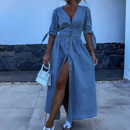 Robe Jeans Longue Boutonnée Confortable