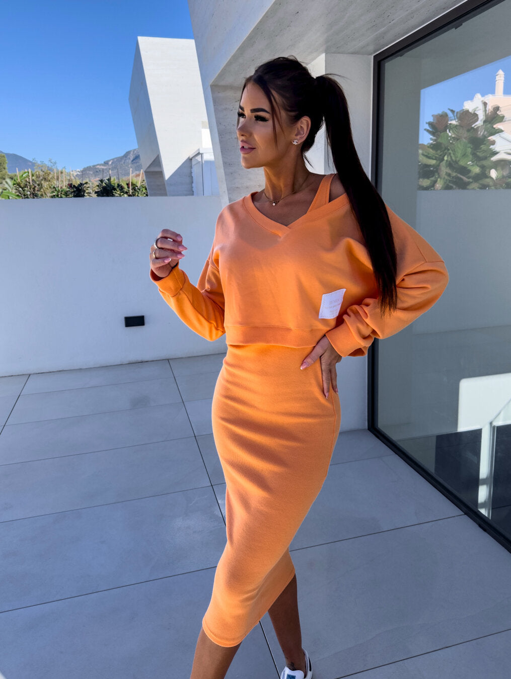 Ensemble Femme Robe Midi Ajustée et Sweatshirt Col V Oversize Casual - PanierRoyale