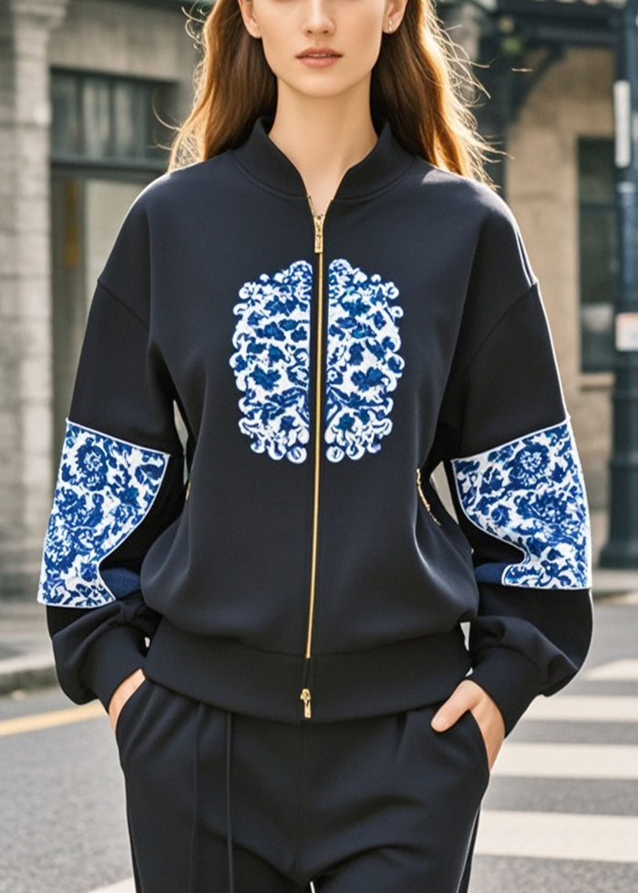 Doux sweat à manches longues patchwork hiver noir écru - EasyApparels