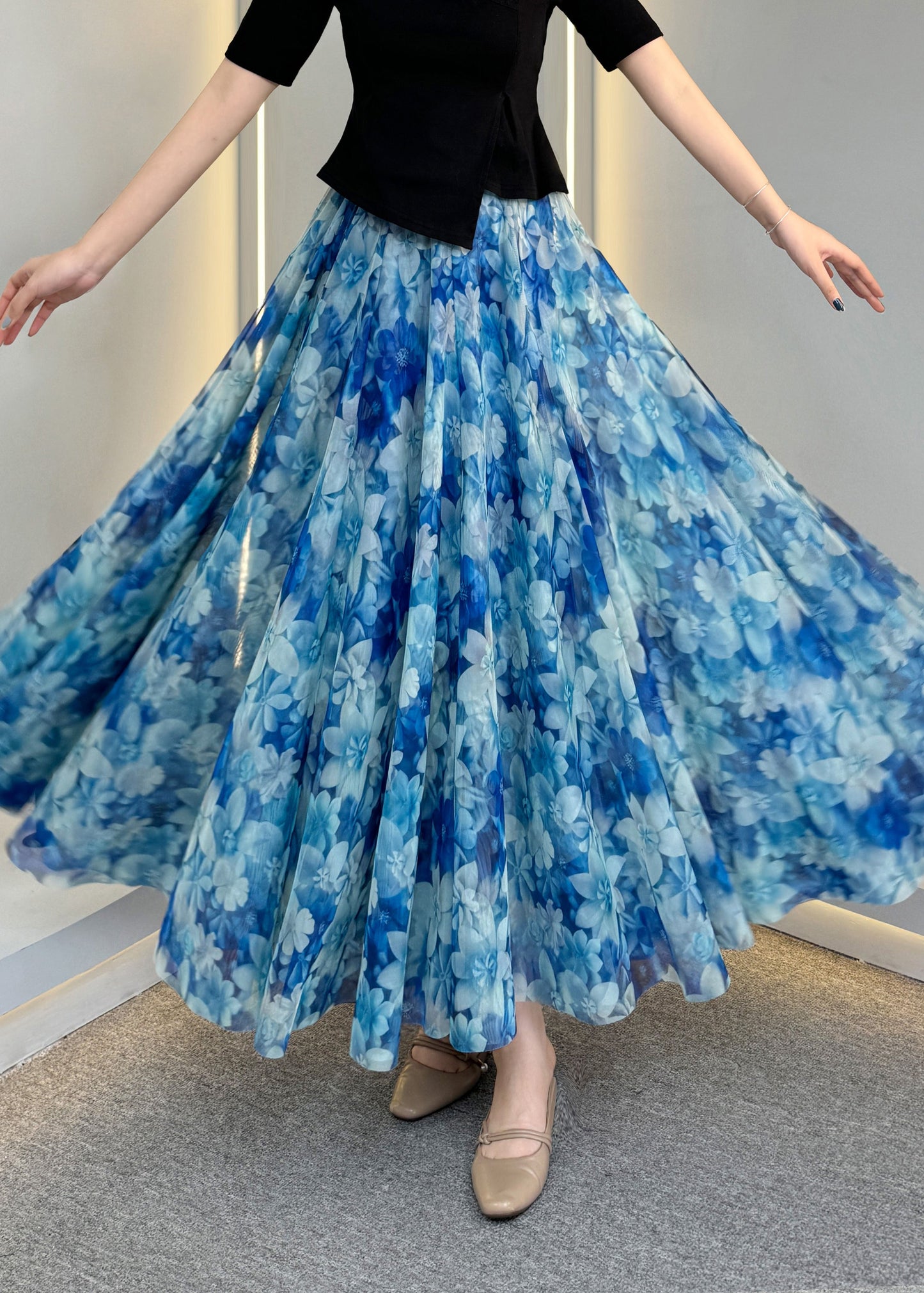 Jupe trapèze légère en tulle imprimé bleu ciel d'été - EasyApparels