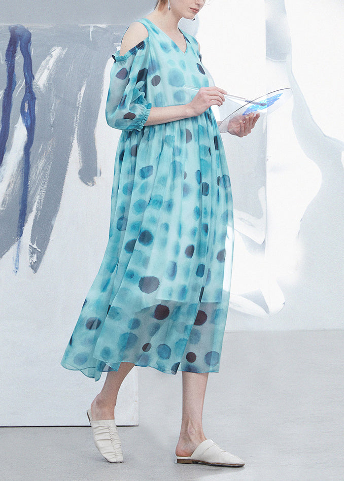 Robe d'été soie bleu ciel à pois, col en V décolleté - EasyApparels