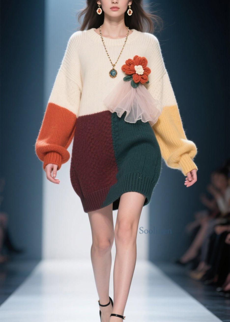 Douce robe hivernale en tricot floral couleur naturelle - EasyApparels