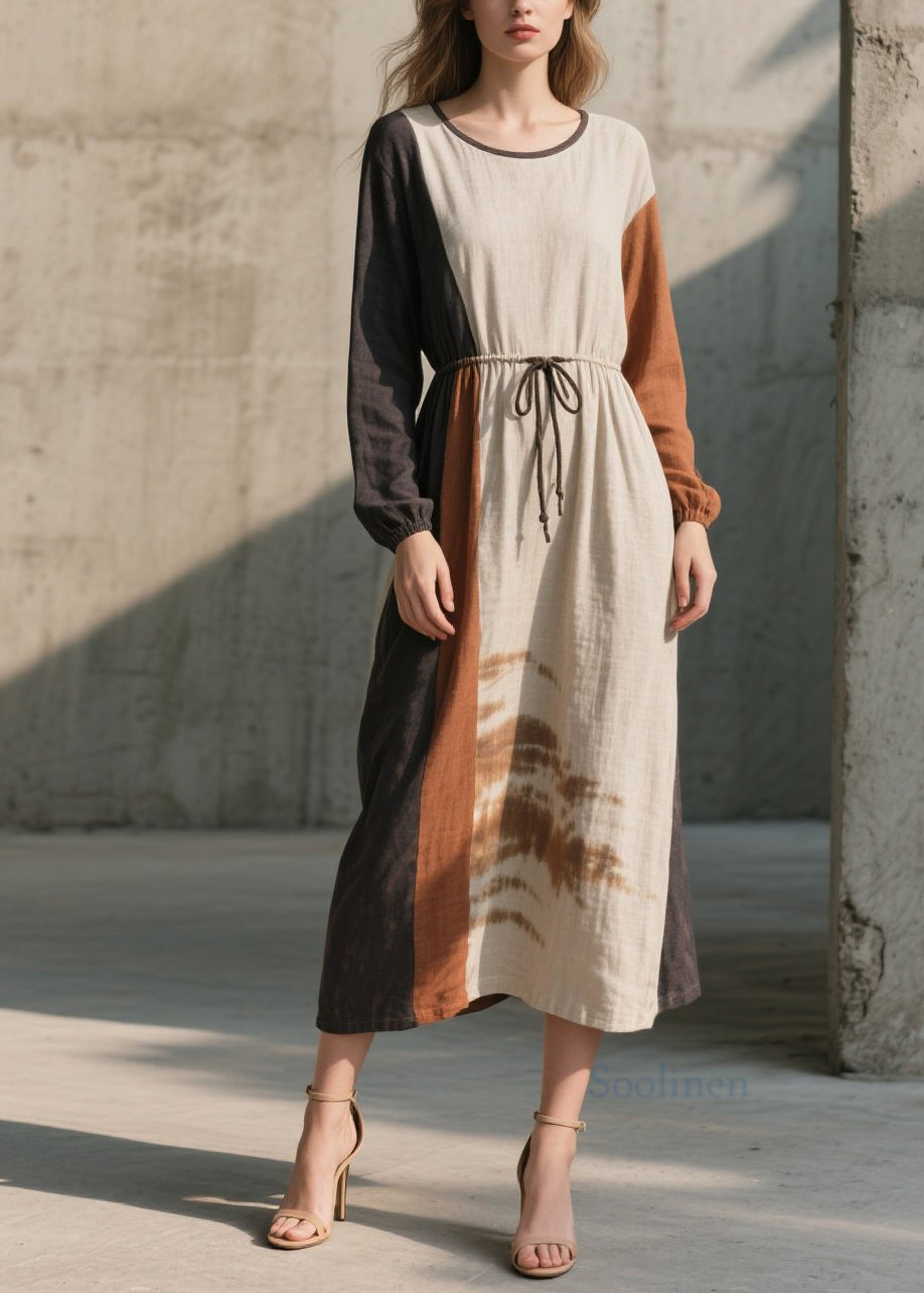 Robe en coton doux à lacets, col rond, écru hiver - EasyApparels