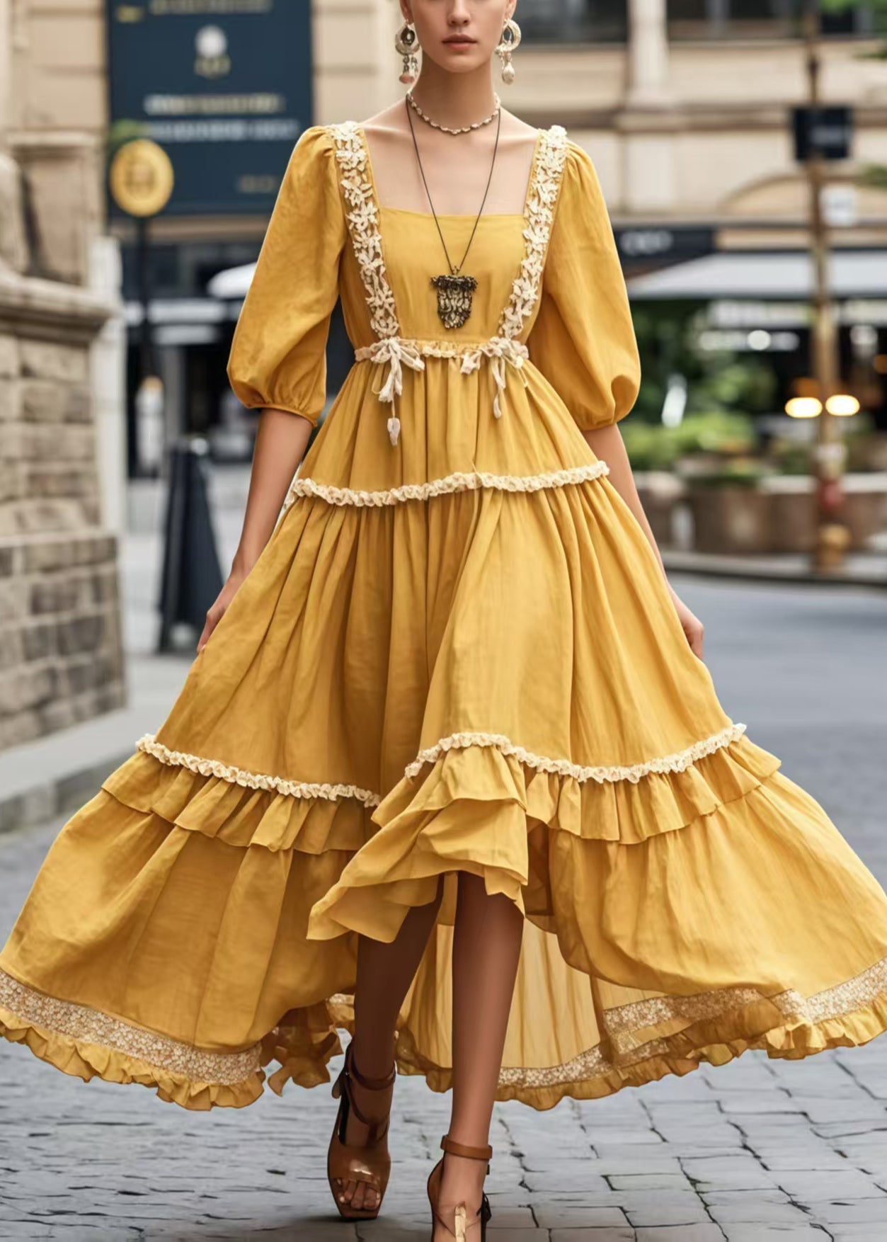Robe décontractée jaune en lin avec col carré et manches courtes - EasyApparels