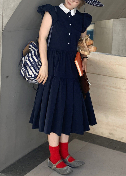 Robe bleu marine en coton avec poches et col classe, manches amples - EasyApparels