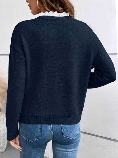 Pull Col V Dentelle Élégant en Maille