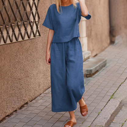 Ensemble Été 2 Pièces pour Femme : Haut Manches Courtes et Pantalon Linéaire Léger
