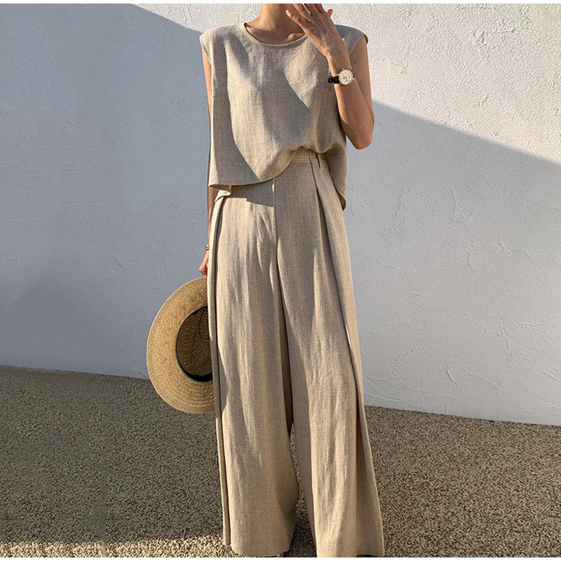 Ensemble Femme Décontracté - Pantalon Léger & Haut Col Rond Été - PanierRoyale