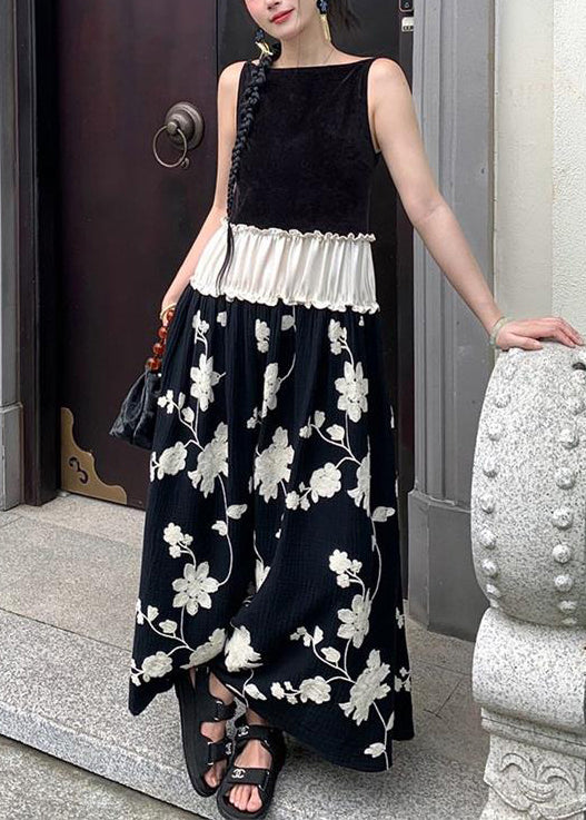 Robe longue noire en coton à volants sans manches patchwork - EasyApparels