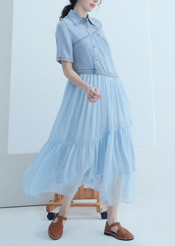 Robe d'été décontractée en denim bleu avec col rond et broderies - EasyApparels