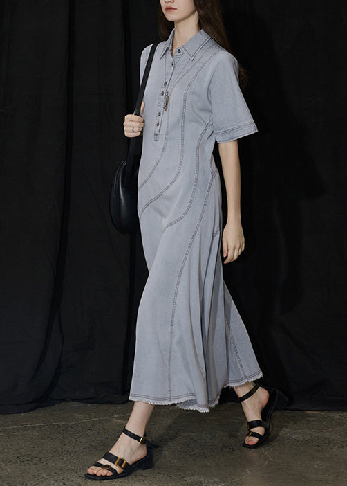 Robes denim bleu longues estivales à col rond et broderies - EasyApparels